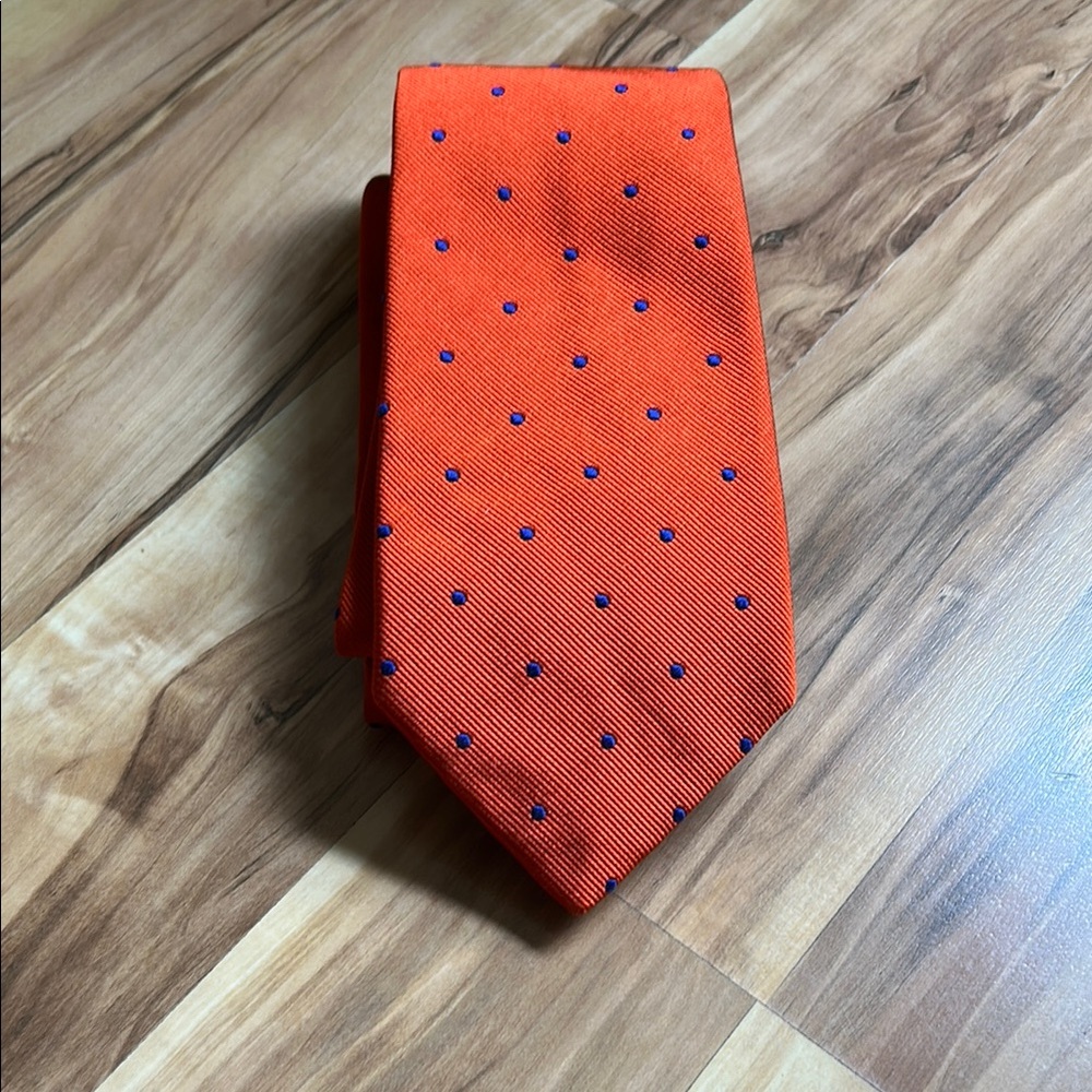 Drakes Orange and Blue Silk Tie with Polka Dots Made in England 🏴󠁧󠁢󠁥󠁮󠁧󠁿